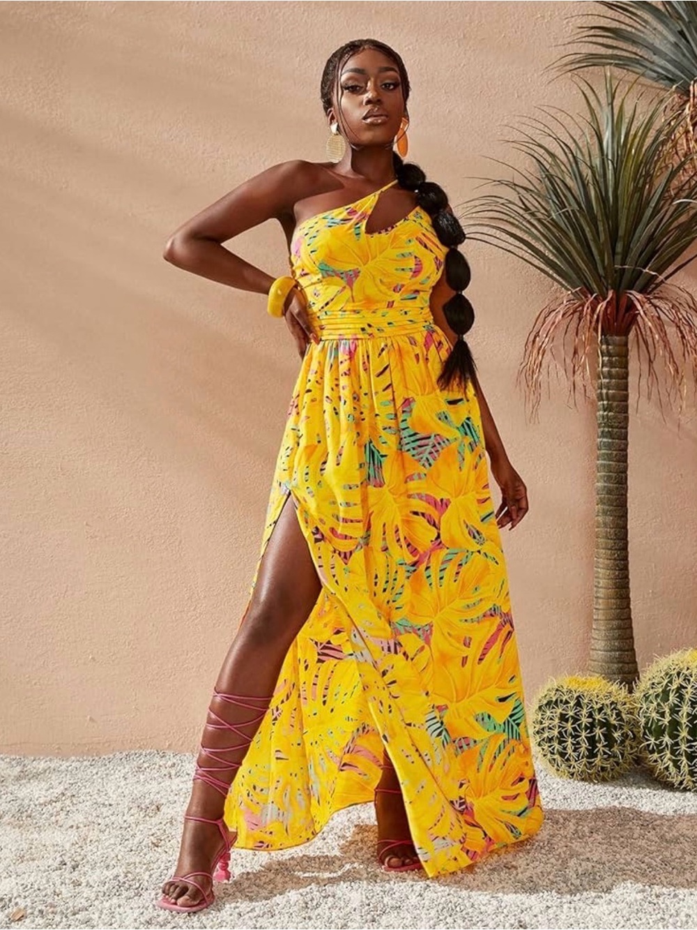 Tropical Yellow One-Shoulder Maxi Dress with Side Slit